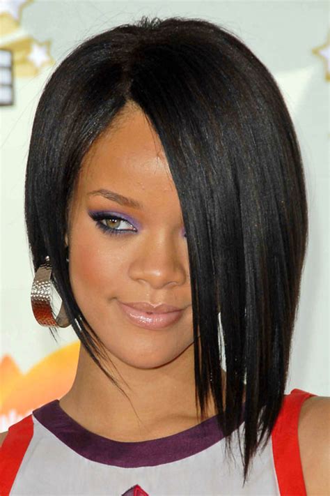 Rihanna Straight Black Angled Bob Asymmetrical Bob Hairstyle Steal