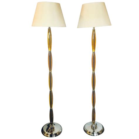 Pair Of Art Deco Tall Murano Glass Style Standing Lamps Each On Chrome