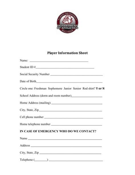 Player Information Sheet Alabama Aandm Athletics