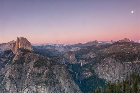 Half Dome Yosemite Falls And The Moon At Sunset Yosemite National