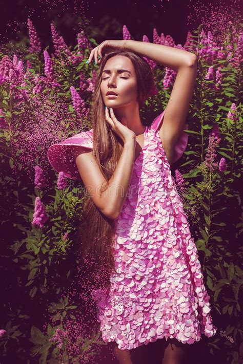 Sensual Woman In Pink Dress And Flying Flowers Stock Image Image Of