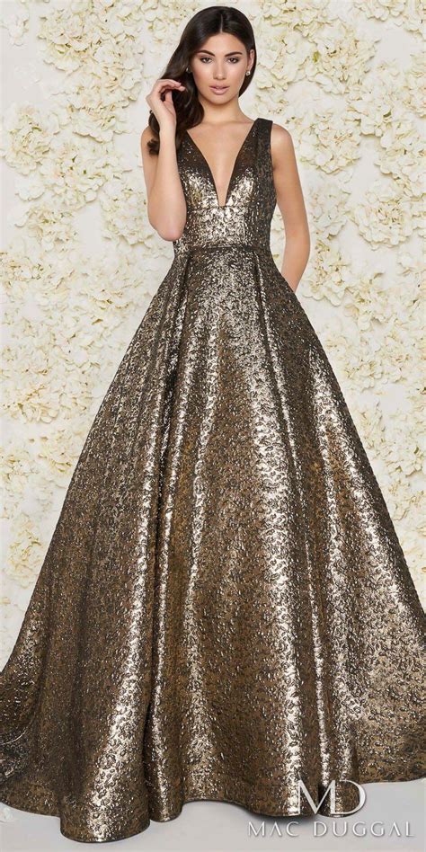 Glamorous Plunging Metallic Pleated Ball Gown By Mac Duggal Ball