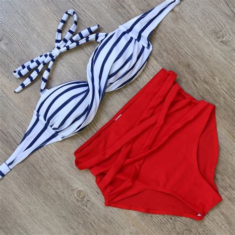 high waist bikinis striped swimwear printed bikini set women swimming suit bandage swimsuit
