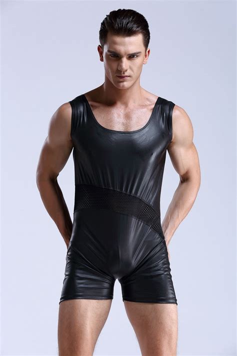 New Mens Bodysuit Jumpsuit Sexy Soft Faux Leather Bodysuit Breathable Mesh Lingerie Shape