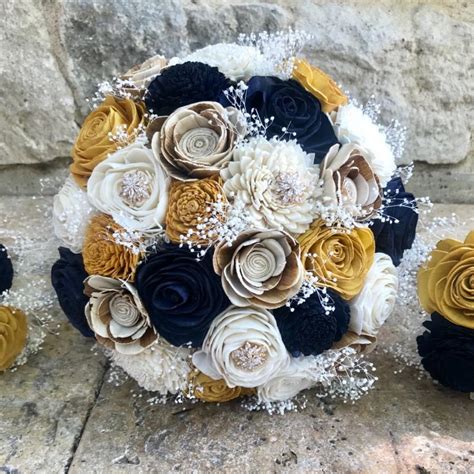 Navy Gold Ivory Wedding Bouquet Sola Wood Flower Bouquet Dried