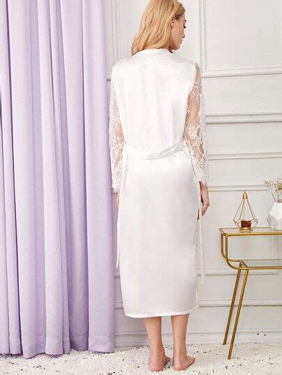 Floral Lace Satin Belted Robe White Formal Dress White Dress Formal