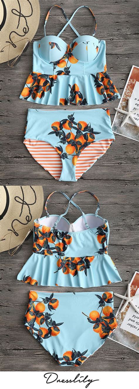 Orange Printed Spaghetti Strap Skirted Tankini Swimsuits Trendy