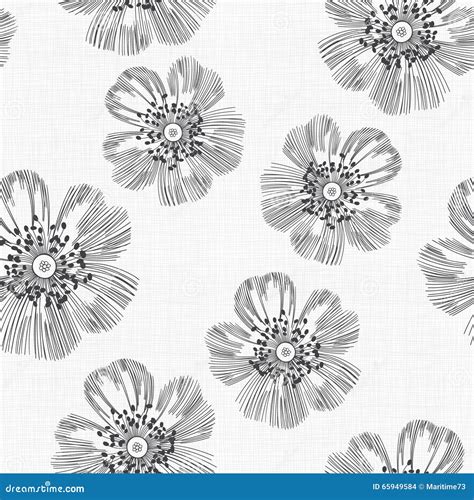 Monochrome Seamless Pattern Of Abstract Flowers Hand Drawn Floral