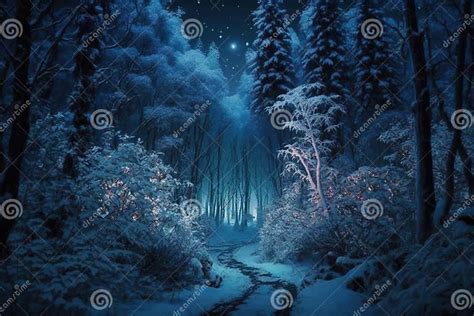 Fantasy And Fairytale Magical Winter Forest Lighting Pathway Stock