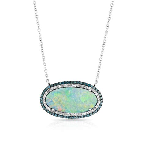 14kt White Gold Blue Diamond Halo Opal Necklace Opal Necklace Blue