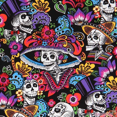 Black Mexican Skeleton And Skull Fabric By Alexander Henry Modes4u