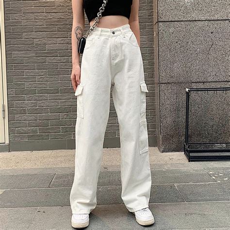 Sweetown White Solid Baggy Jeans Straight Denim Pants Women Korean