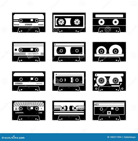 Set Of Music Cassettes Monochrome Black Icons Set Vector Illustration