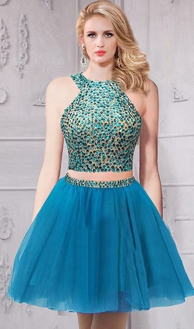 lovely ball gown short mini teal tulle beaded two piece cocktail prom dress
