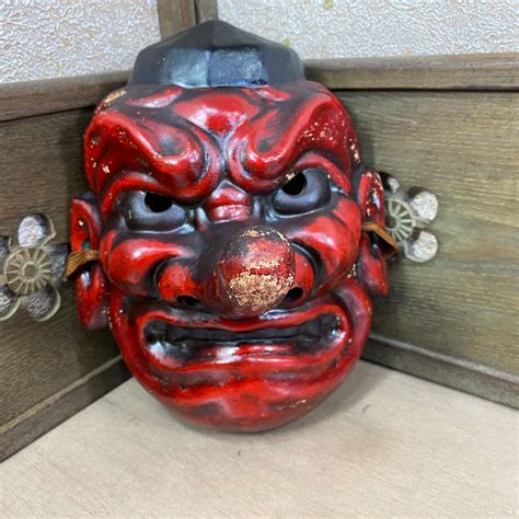 Japanese Vintage Tengu Mask Fully Handmade Red Black Long Nose Demon Noh Lucky Charm Vintage