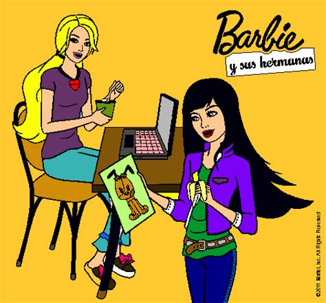 Dibujo de Barbie y su hermana merendando pintado por Merienda en Dibujos net el día a