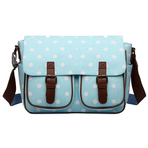 L1107d2 Miss Lulu Oilcloth Satchel Polka Dot Light Blue