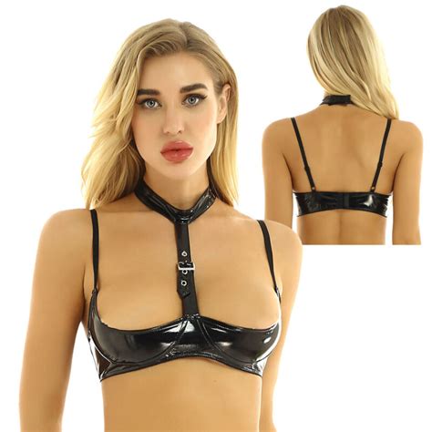 Sexy Women Patent Leather Open Cup Bras Underwire Wire Free Shelf Bra