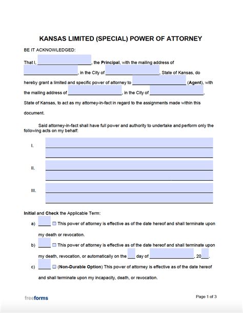 Free Kansas Limited Special Power Of Attorney Form Pdf Word
