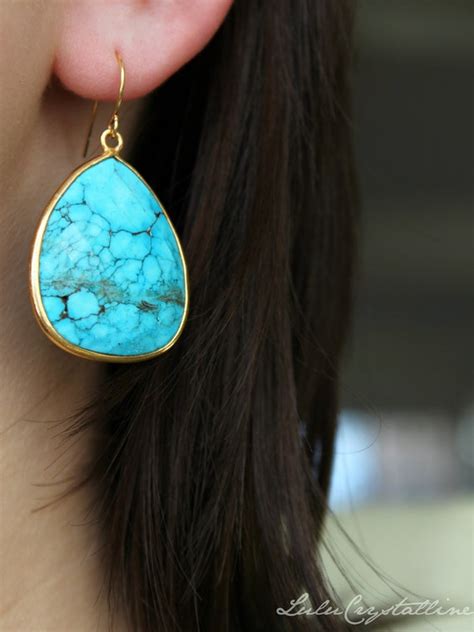 Dangle Earrings Large Turquoise Gold Earrings Stone