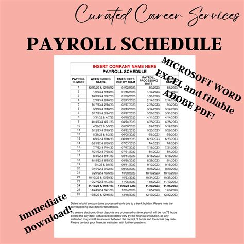 Customizable Payroll Schedule Biweekly Pay Schedule Etsy