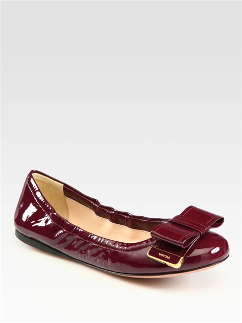 Lyst Prada Patent Leather Bow Ballet Flats In Brown
