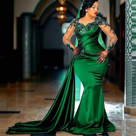 Aso Ebi Dark Green Evening Dresses Mermaid Long Sleeve Lace Appliqued
