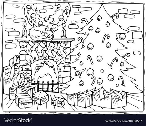 Coloring Book Christmas Tree Fireplace And Ts Vector Image