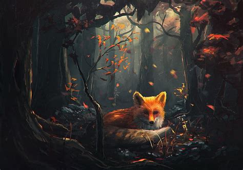 Hd Wallpaper Red Fox On Forest Digital Painting Fox Walking In Forest