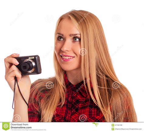 Glamour Female Photographer Holding A Compact Camera Isolated Stock