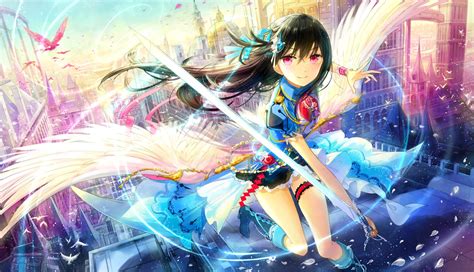 Pink Eyes Anime Anime Girls Wings Sword Weapon Black