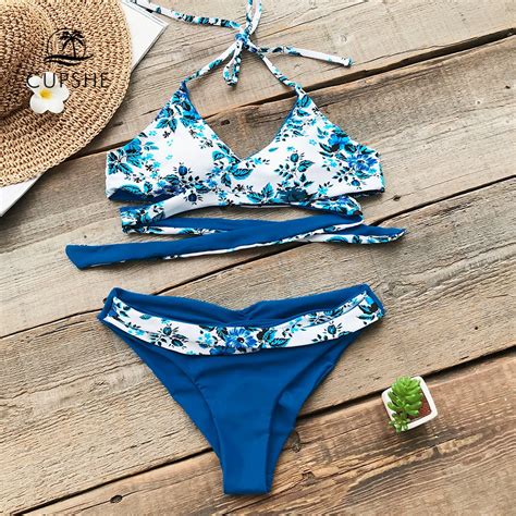 cupshe blue and white flora print wrap halter bikini sets women sexy cross thong two pieces