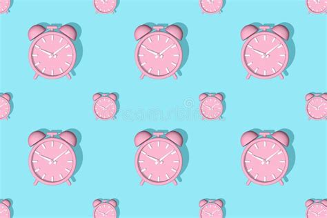 Pink Alarm Clocks Big And Small With Shadow On Blue Background Set