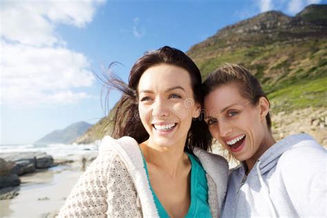 Two Smiling Women Friends Taking Selfie Stock Image Image Of