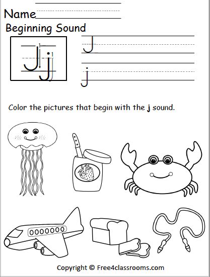 Free Beginning Sounds Worksheet Letter J Free4classrooms