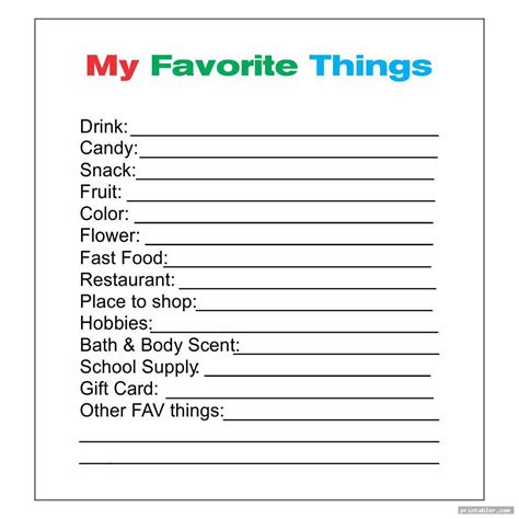 Favorite Things List Template Printable Gridgit