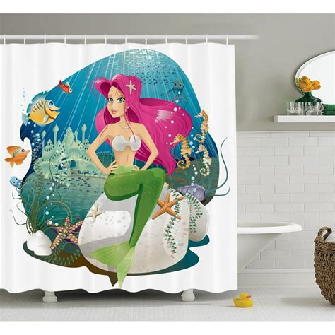 Mermaid Decor Shower Curtain Set Illustration Of A Mermaid And Her