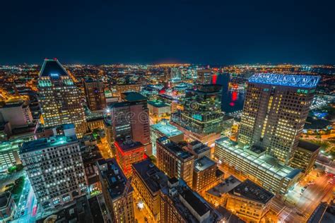 View Of Downtown At Night In Baltimore Maryland Editorial Stock Image