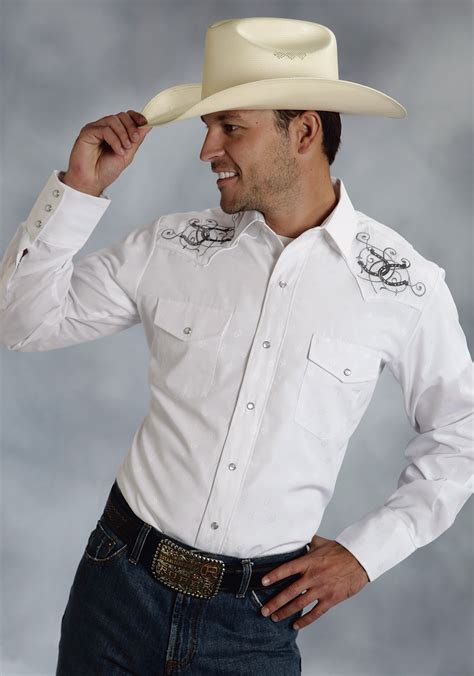 Roper Mens White Embroidered Long Sleeve Pearl Snap Cowboy Shirt