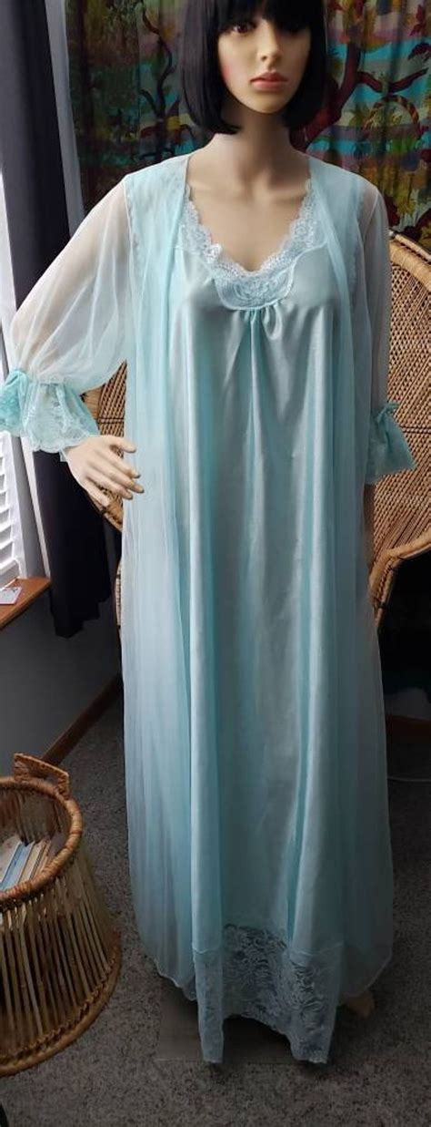 80s Light Blue Nightgown And Robe Set By Damart Vintage French Night Set