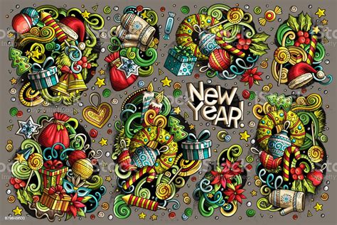 Yeni Yıl Ve Noel Nesneleri Kümesi Karikatür Doodle Stok Vektör Sanatı