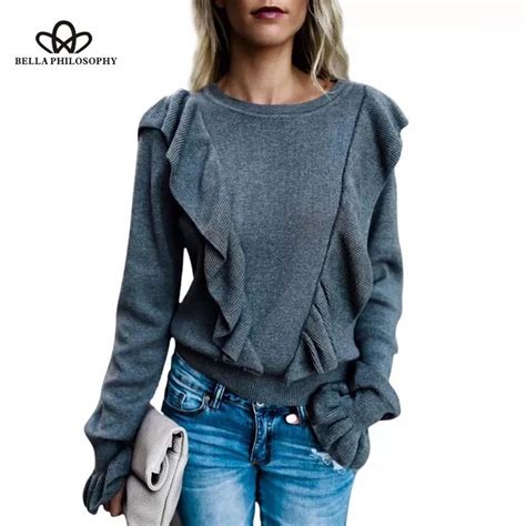 bella philosophy 2018 winter women casual long sleeved o neck sweaters solid ruched flare sleeve