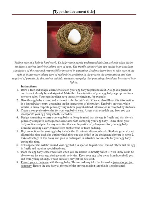 How To Take Care Of An Egg Baby Project Pdf Parenting Relationships