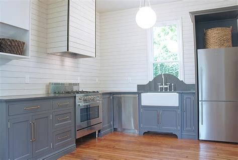 Natural reclaimed pine, white marble, textured glazed pine and crisp white paint, as well as gray stain, antique zinc metal and dark reclaimed pine all work. Beautiful shiplap kitchen features walls lined with gray ...