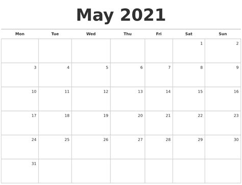 May 2021 Blank Monthly Calendar