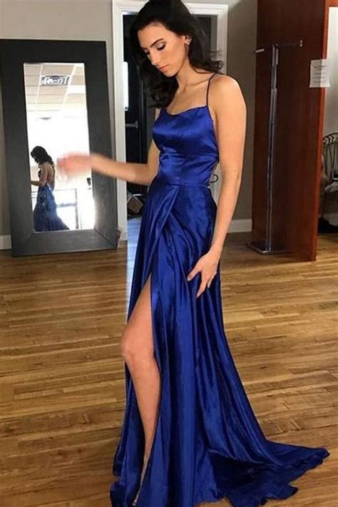 blue a line satin backless split long prom dress with sweep train promnova