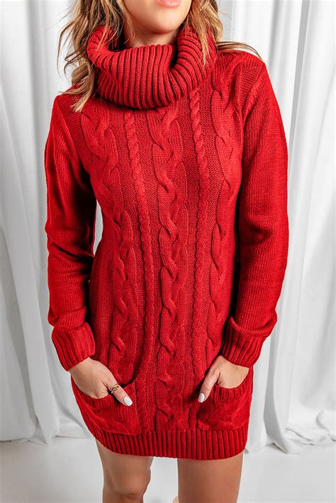 Robe Pull Rouge Col Roule Femme Hiver Tricot De Cable