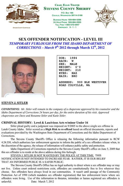 Stevens County Public Notice Sex Offender Notification — Level Iii