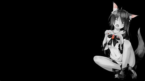 anime girls black background dark background simple background selective coloring fox ears fox