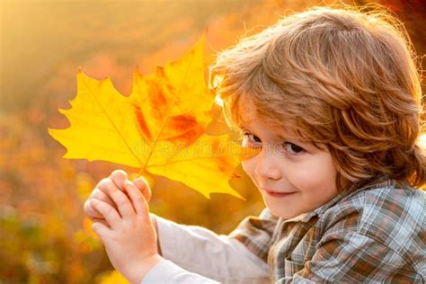 Autumn Portrait Of Cute Little Boy Close Up Kids Boy Playing With